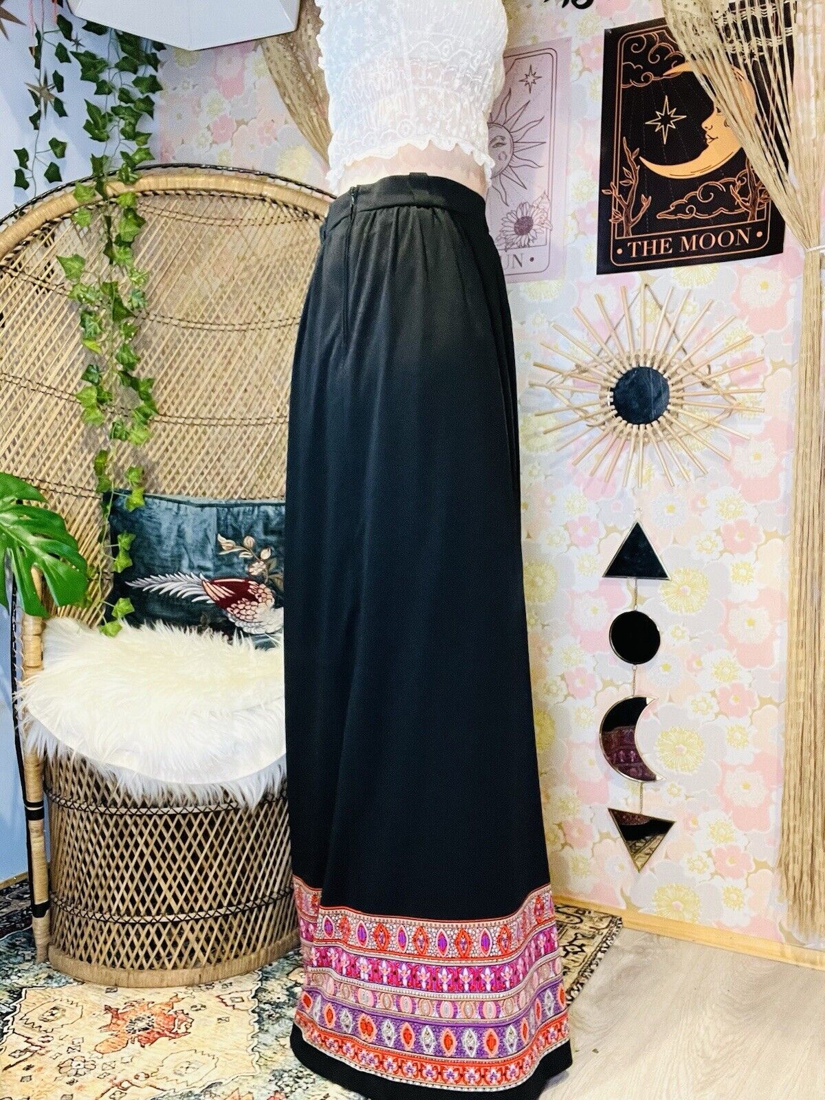 Vintage 70s Maxi Skirt Hippie Both Long High Waist Psychedelic Print Black 14