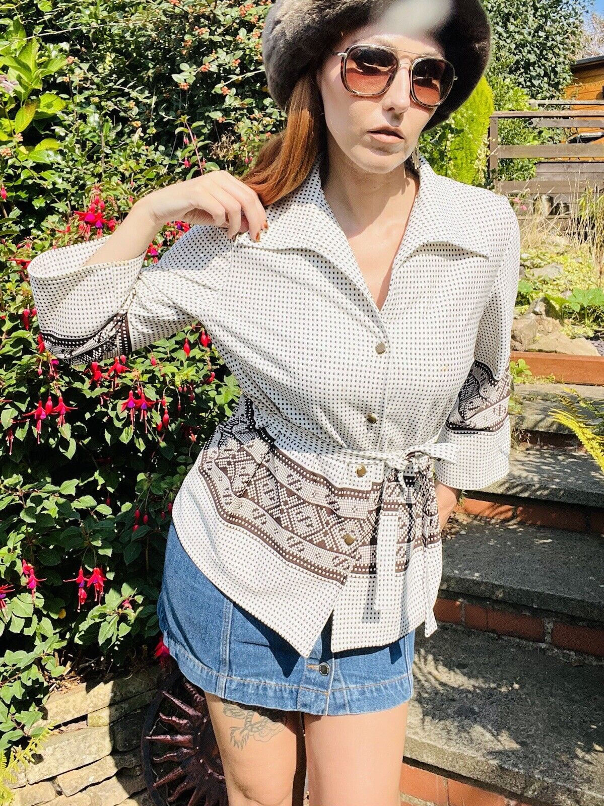 Vintage 60s Blouse With Dagger Collar Tie Waist Gingham Shirt White Brown 14