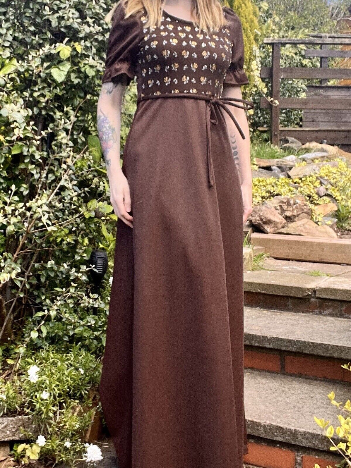 Vintage 60s Maxi Dress With Tie Waist And Gold Detail Size 10