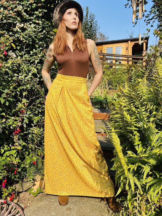 Vintage 60s Maxi Skirt Long Polkadot Yellow 1960s Skirt Size 10