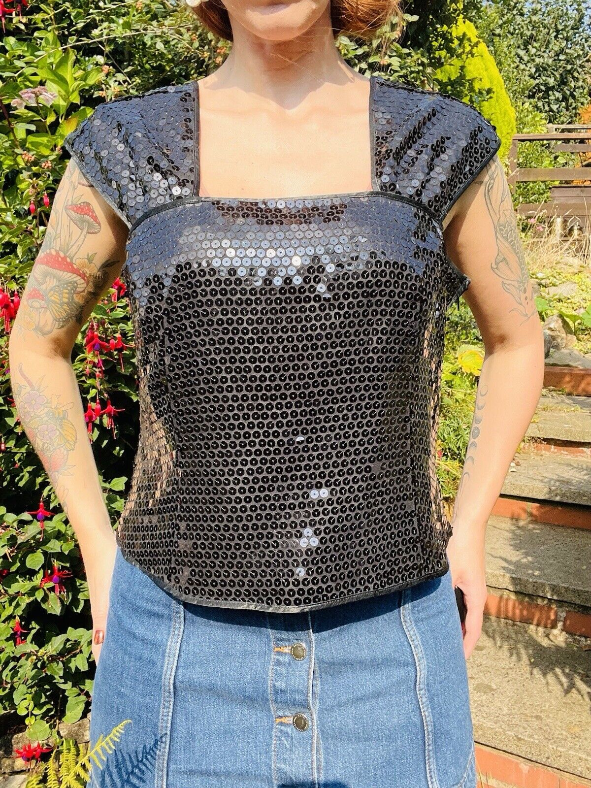 Vintage 80s Black Sequin Top Sparkly Evening Tank Vest Top Sleeveless Cami 16