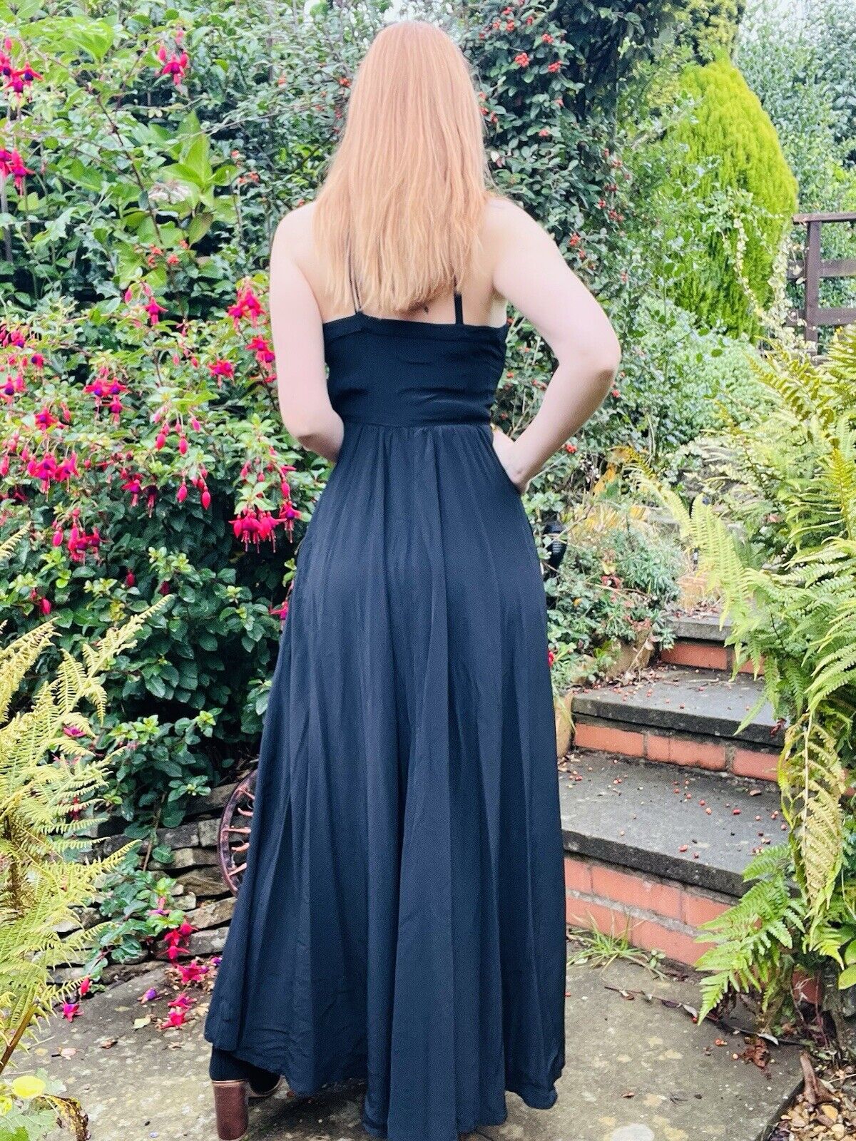 Vintage 70s Maxi Dress By Elkont Whimsigoth Long Strappy Dressed Black Size 8