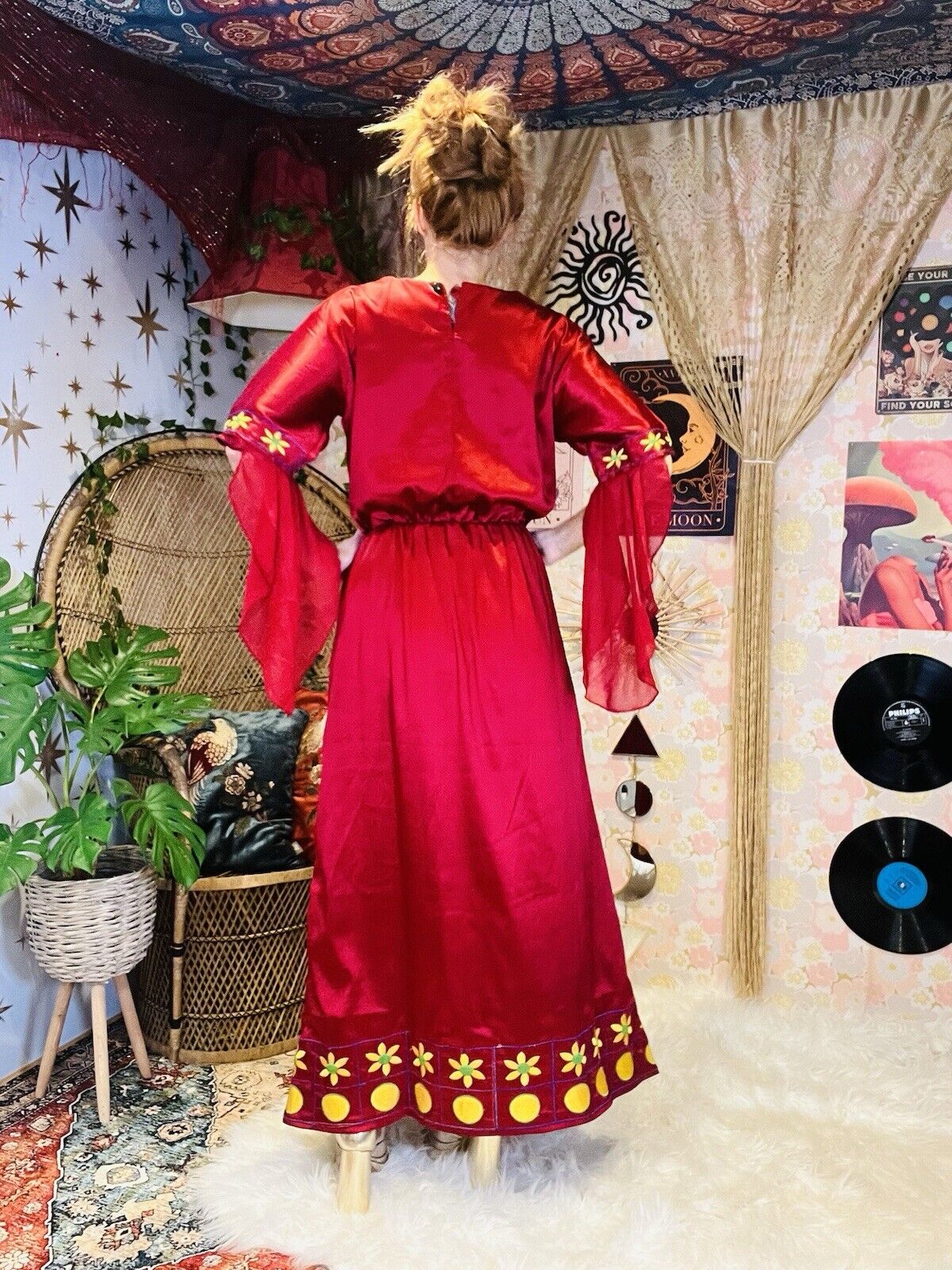 Whimsigoth Cosplay Maxi Dress Medieval Wizard Floaty Sleeves Embroidered Red 10