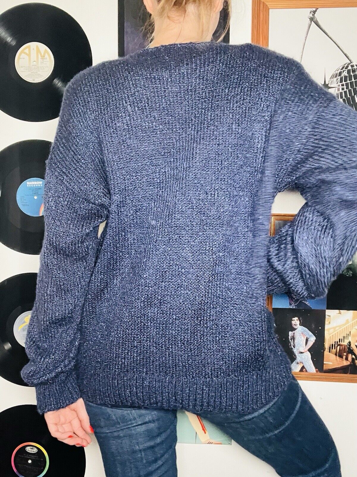 Vintage 80s Jumper By Golden Gate Funky Retro Pattern Knit Sweater Blue Size L