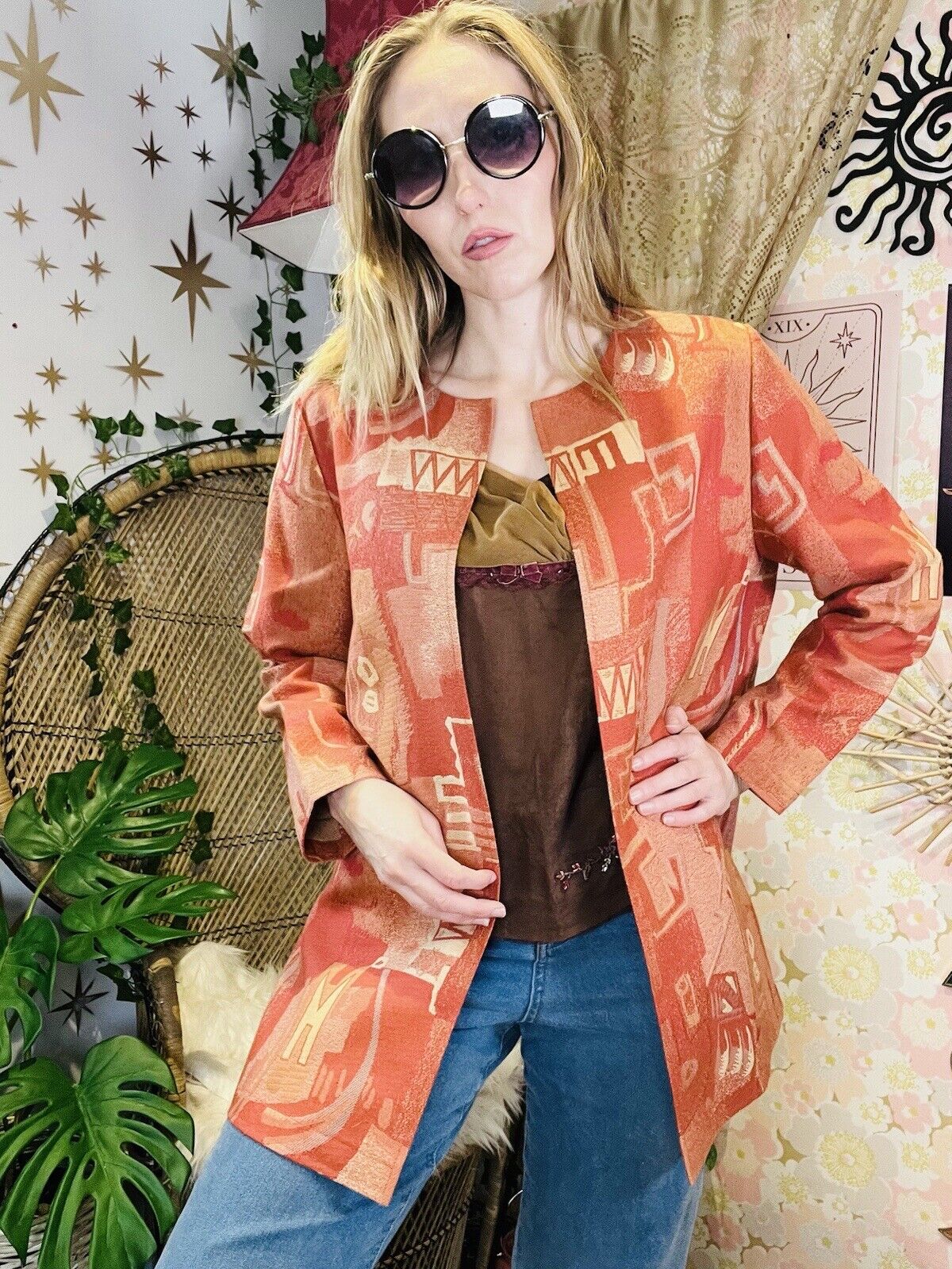 Vintage 80 Jacket Abstract Bold Print Long Sleeve Round Neck Oversized Fit M