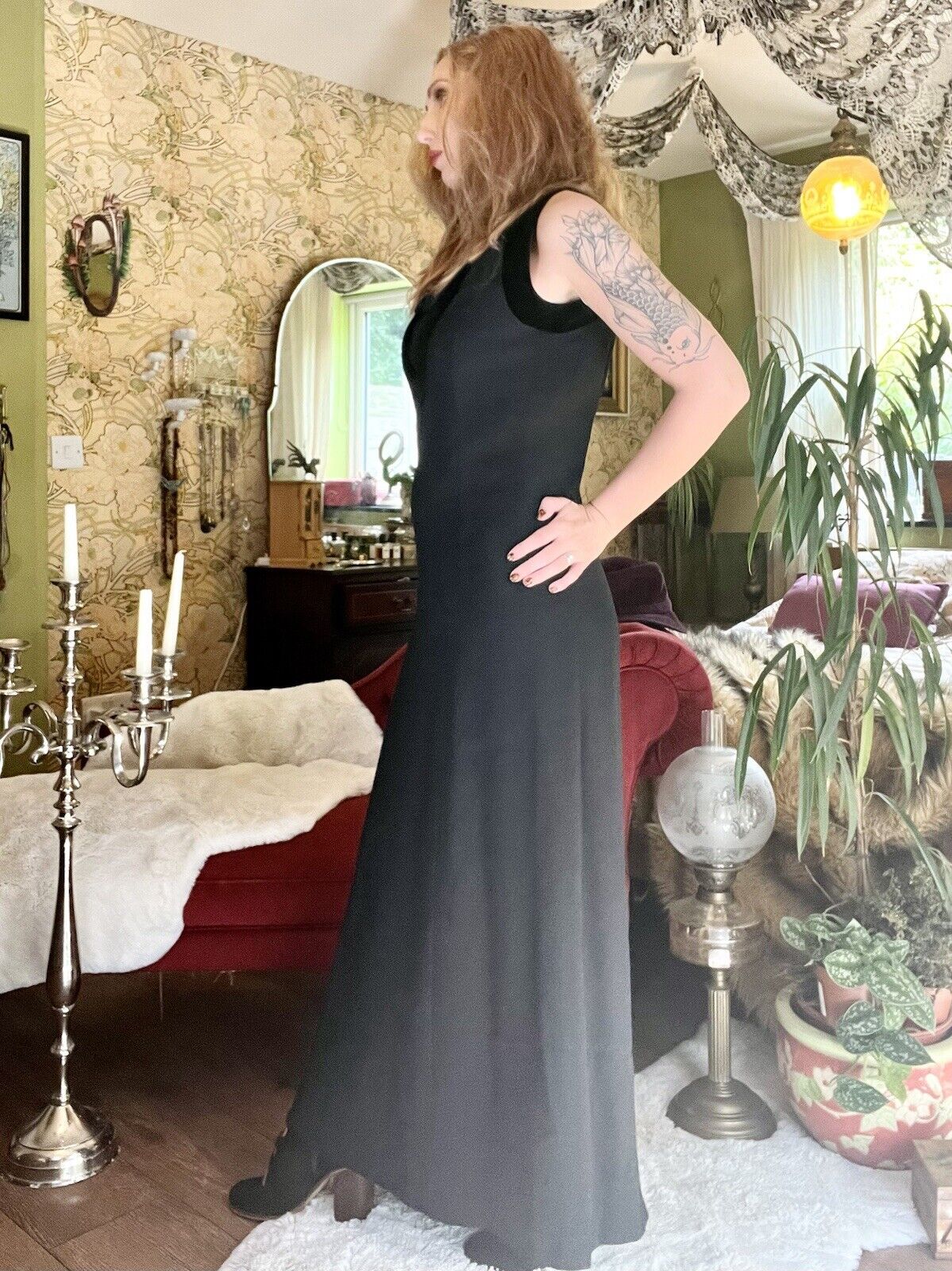 Vintage 90s Maxi Dress Whimsigoth Long Black Dress With Velvet Bow Size 14