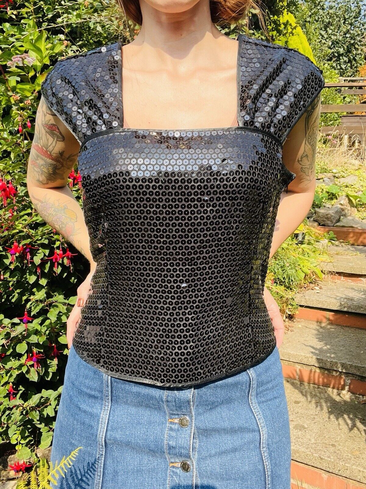 Vintage 80s Black Sequin Top Sparkly Evening Tank Vest Top Sleeveless Cami 16