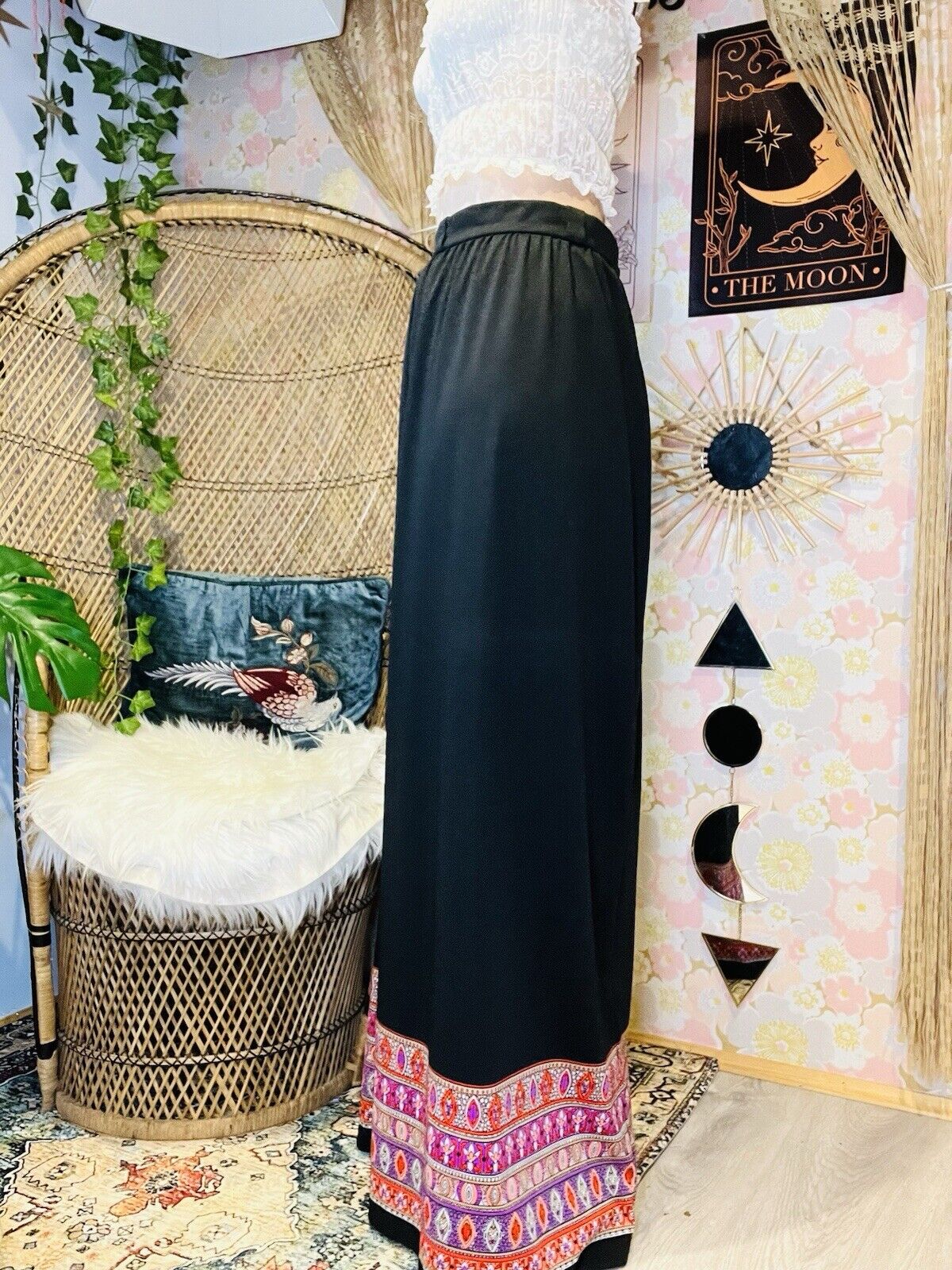 Vintage 70s Maxi Skirt Hippie Both Long High Waist Psychedelic Print Black 14