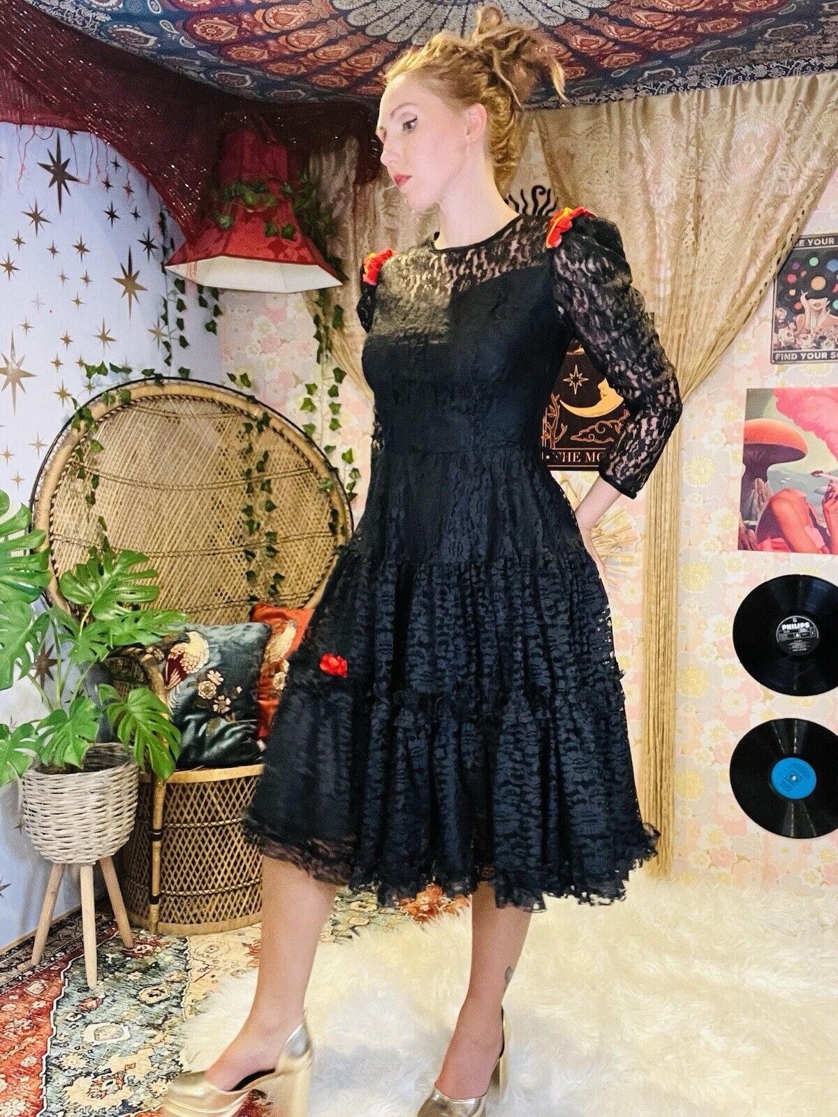 Vintage 80s Part Dress By Yessica Black Lace Full Skirt With Red Detail Size 10