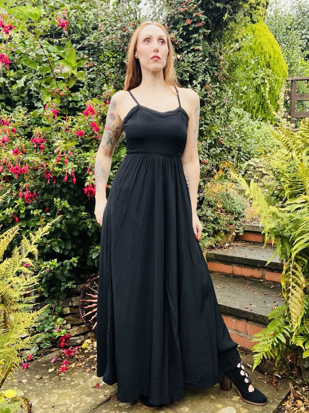 Vintage 70s Maxi Dress By Elkont Whimsigoth Long Strappy Dressed Black Size 8