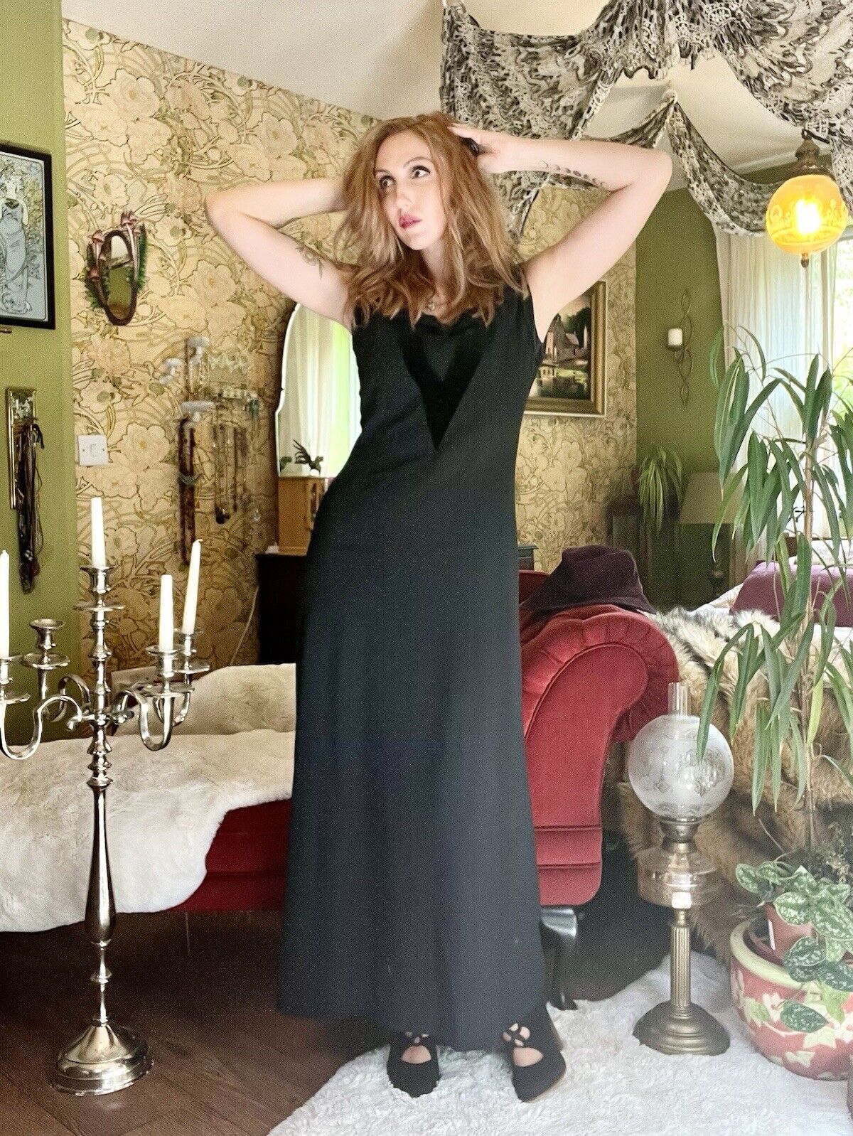 Vintage 90s Maxi Dress Whimsigoth Long Black Dress With Velvet Bow Size 14