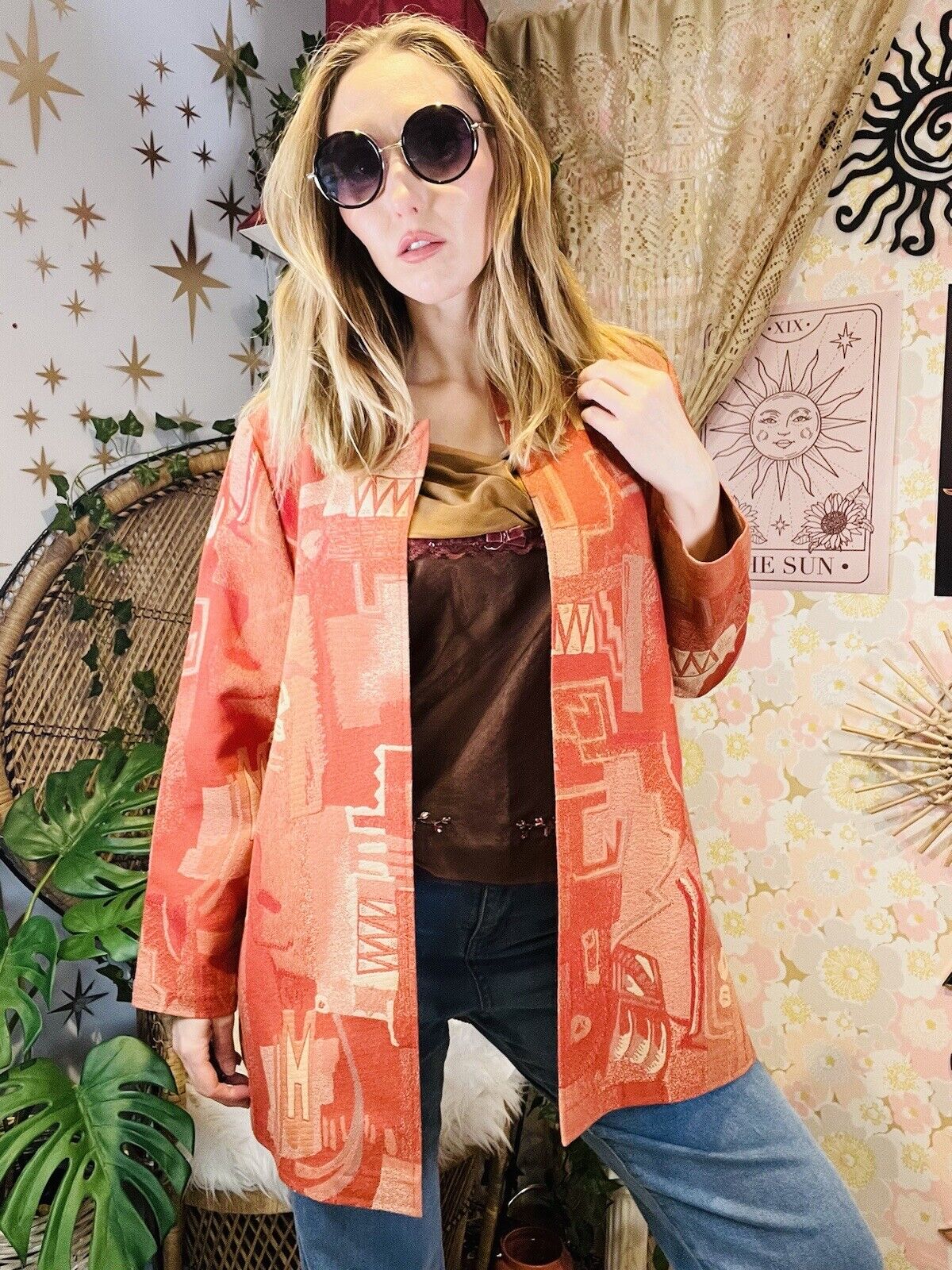 Vintage 80 Jacket Abstract Bold Print Long Sleeve Round Neck Oversized Fit M