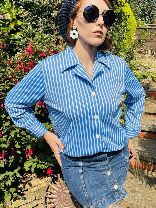 vintage bold striped shirt retro blouse 70s 80s Blue White Size 14-16