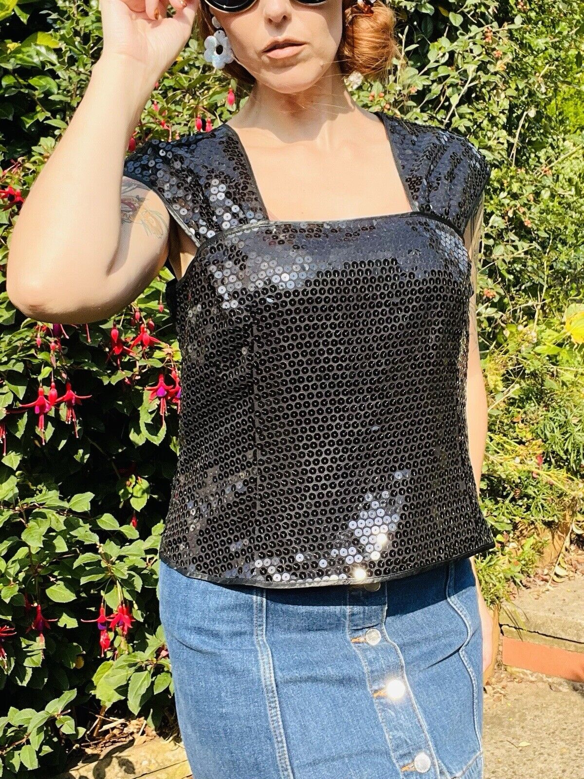 Vintage 80s Black Sequin Top Sparkly Evening Tank Vest Top Sleeveless Cami 16