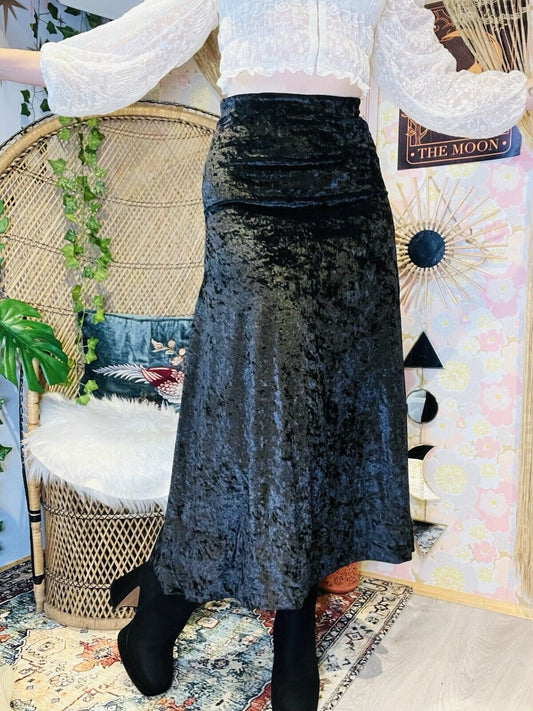 Vintage 90s Whimsigoth Skirt Crushed Velvet Long Midi High Waist Black Size 8