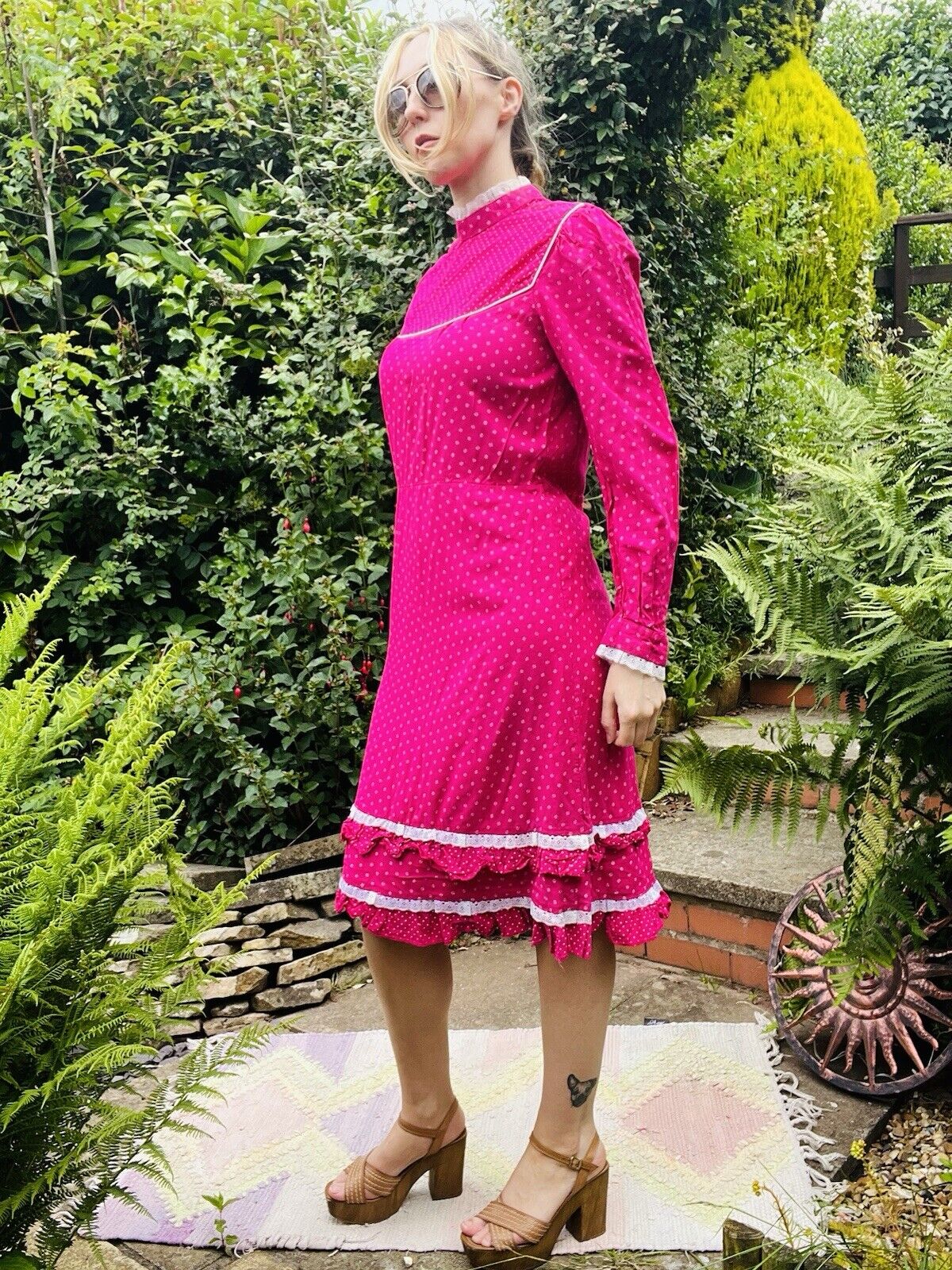 Vintage Pink Midi Dress With High Neck And Long Sleeves And Frilly Hem Size 12