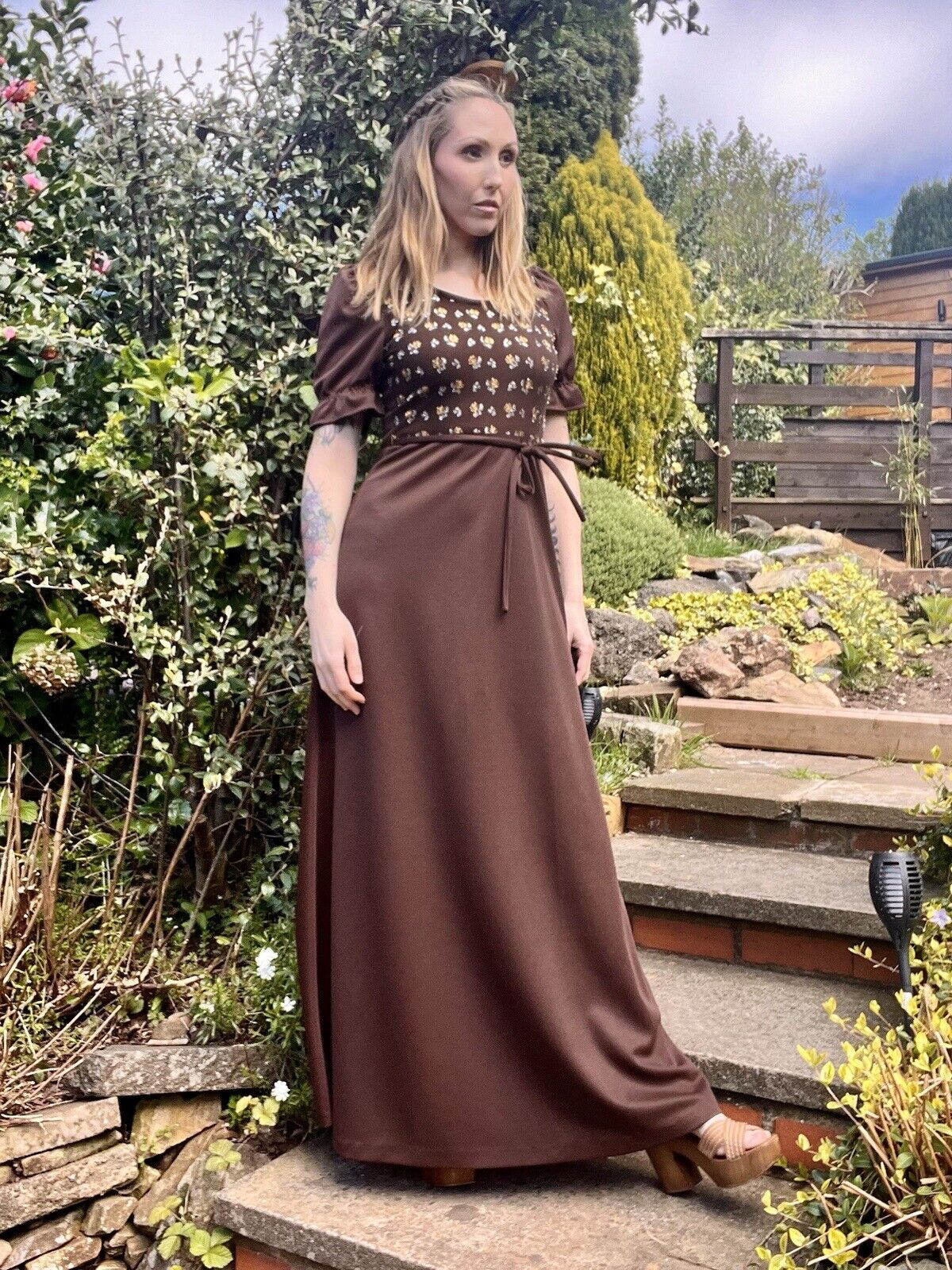 Vintage 60s Maxi Dress With Tie Waist And Gold Detail Size 10