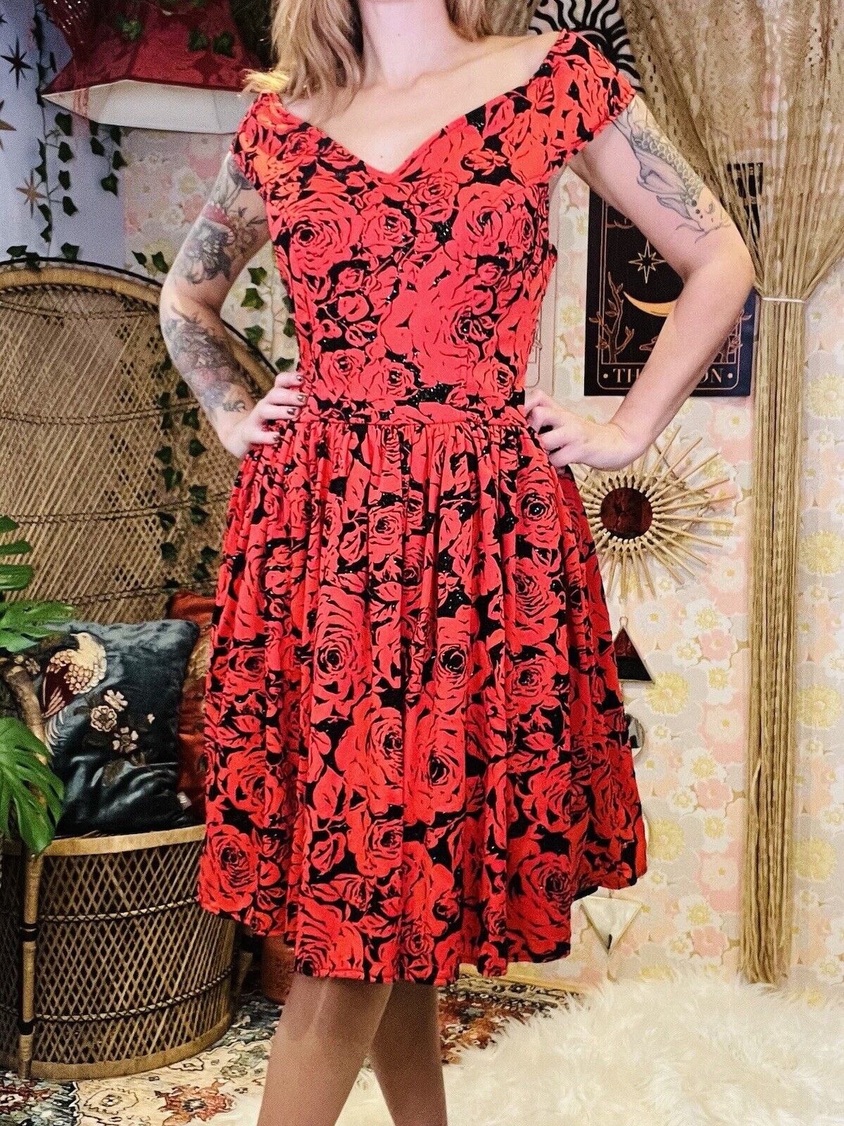 Vintage 80s Does 50s Velvet Rose Print Dress Red And Black Size 12