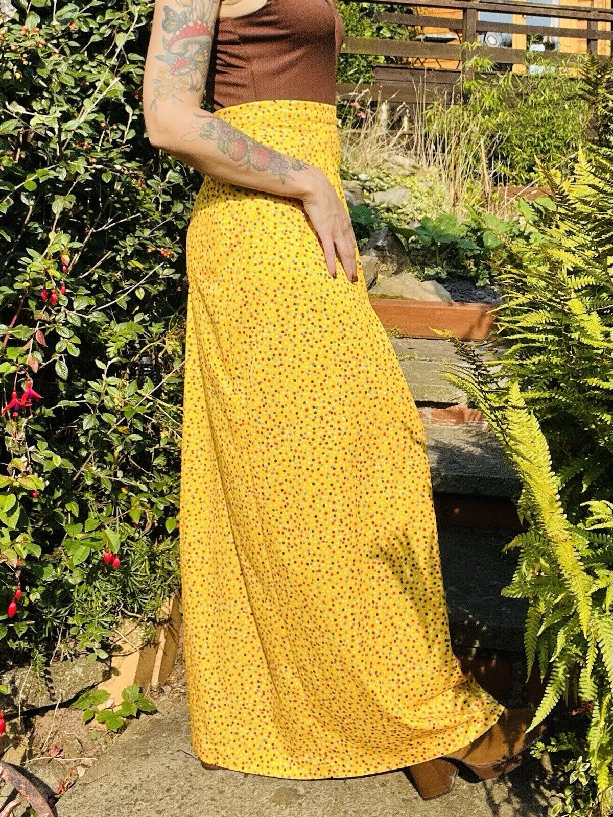 Vintage 60s Maxi Skirt Long Polkadot Yellow 1960s Skirt Size 10