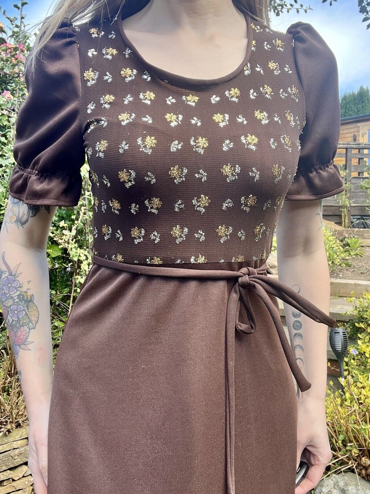 Vintage 60s Maxi Dress With Tie Waist And Gold Detail Size 10