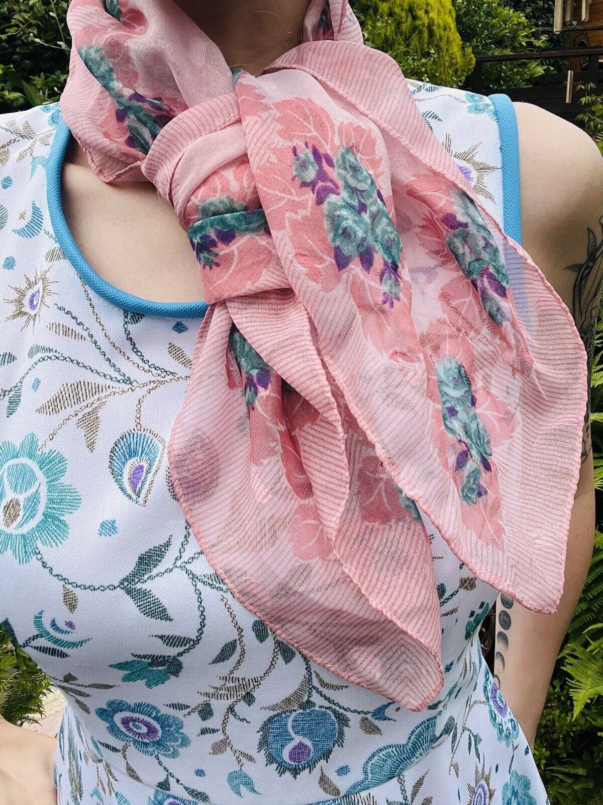 Vintage 70s Neck Scarf By Debenhams With Sheer Pink Floral Design