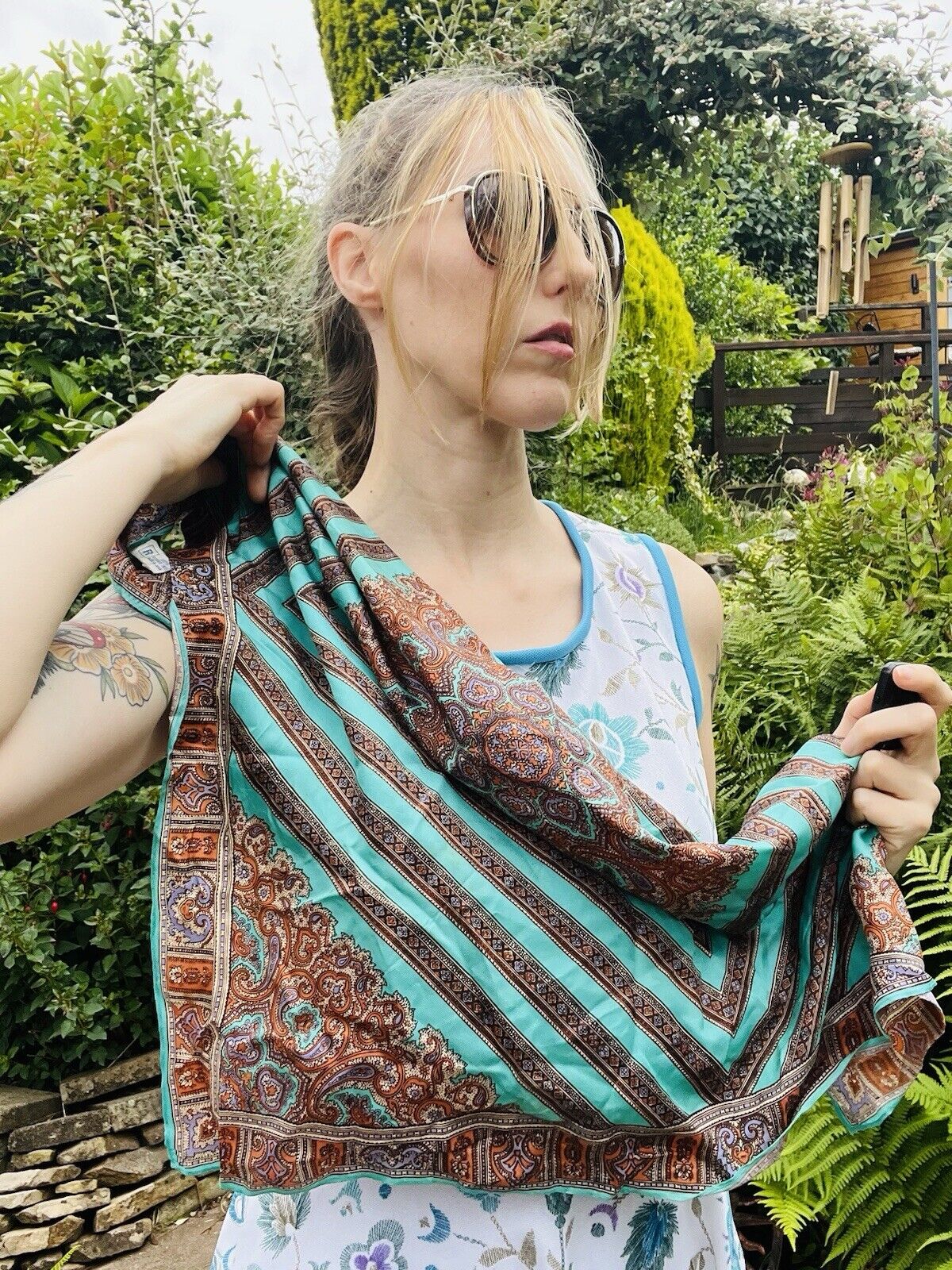 Vintage 70s Neck Scarf With Colourful Hippie Boho Paisley Pattern