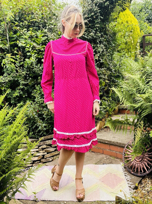 Vintage Pink Midi Dress With High Neck And Long Sleeves And Frilly Hem Size 12