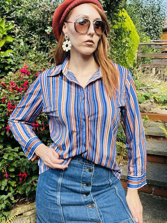 vintage bold striped shirt retro blouse by Mireller blue orange size 14