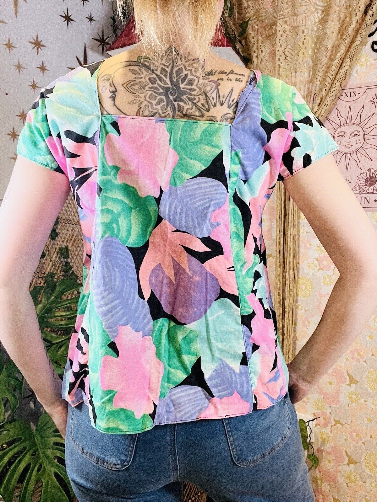 Vintage 80s Blouse Top With Bold Floral Summer Print And Asymmetric Button  12