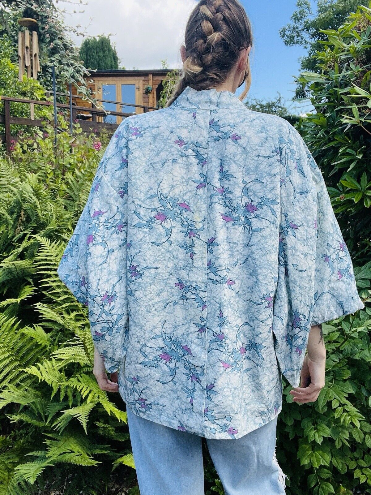 Vintage Hippie Boho Kimono Jacket With Blue Abstract Print Free Size