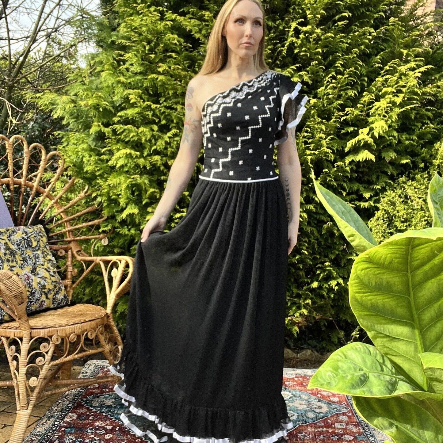 Vintage 70s Maxi Dress 1970s Long One Shoulder Pleated Layered Dress Size 10