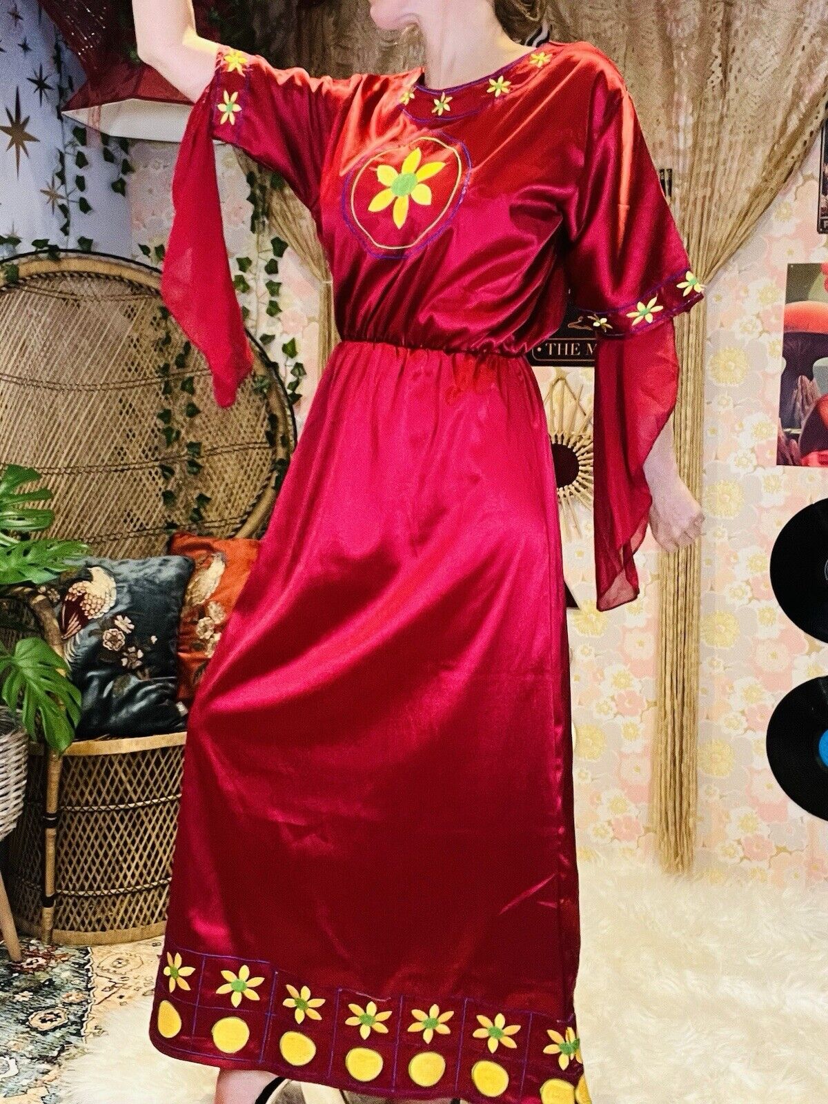 Whimsigoth Cosplay Maxi Dress Medieval Wizard Floaty Sleeves Embroidered Red 10