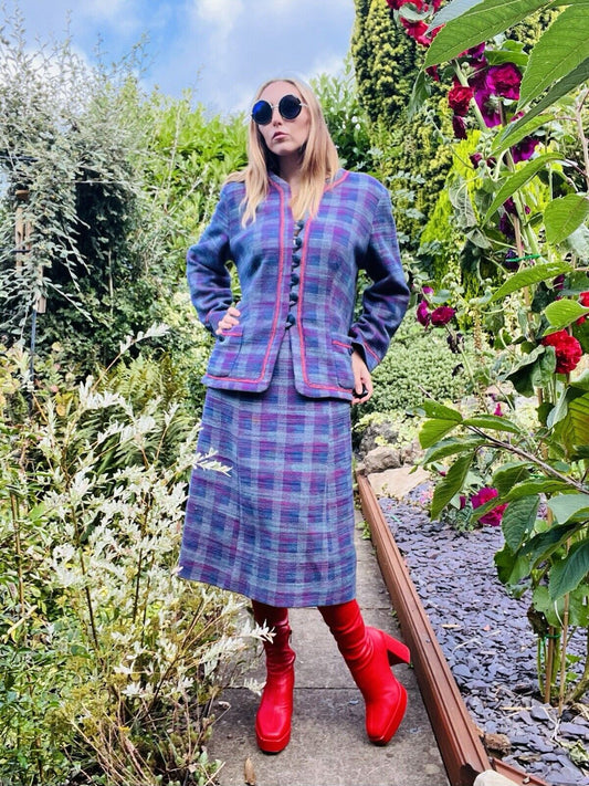 Vintage 60s 70s Suit Tartan Two Piece Skirt And Jacket Set Size 16 Purple