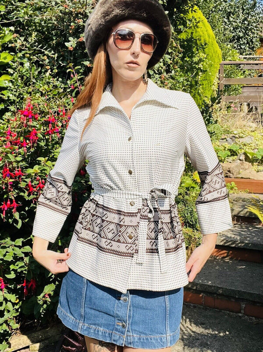 Vintage 60s Blouse With Dagger Collar Tie Waist Gingham Shirt White Brown 14