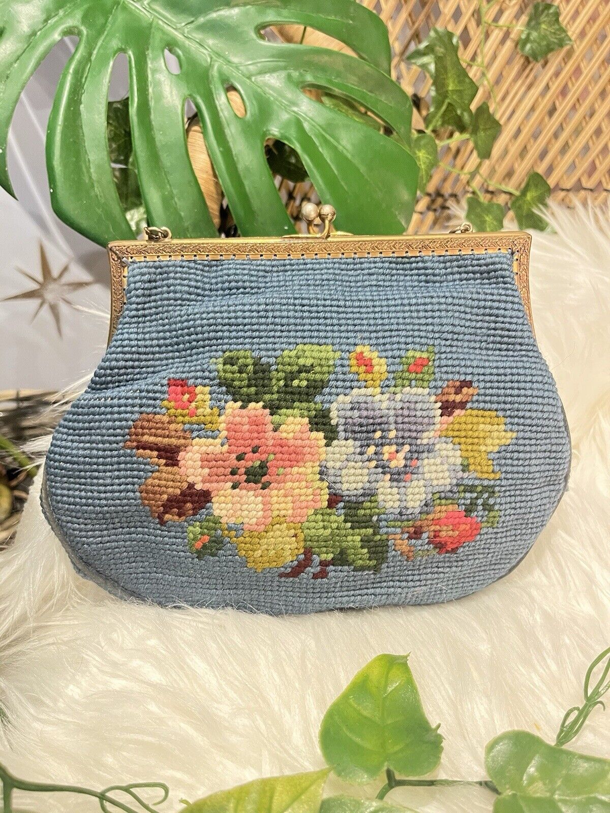 Vintage 50s Needlepoint Purse Tapestry Embroidered Handbag Mid century Bag Blue