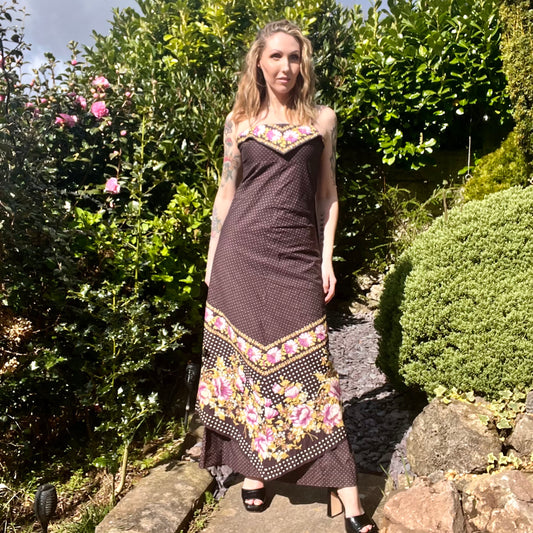 Vintage 70s maxi dress with boho floral layered handkerchief hem size 10