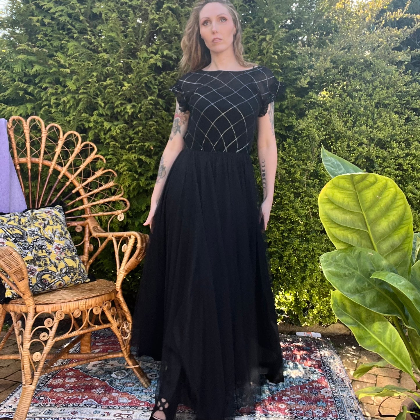 vintage 70s/80s maxi dress long floaty with sheer detailed top size 10