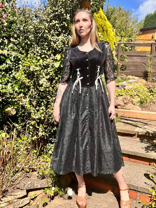 Vintage 90s velvet and lace midi dress with corset tie back size 10