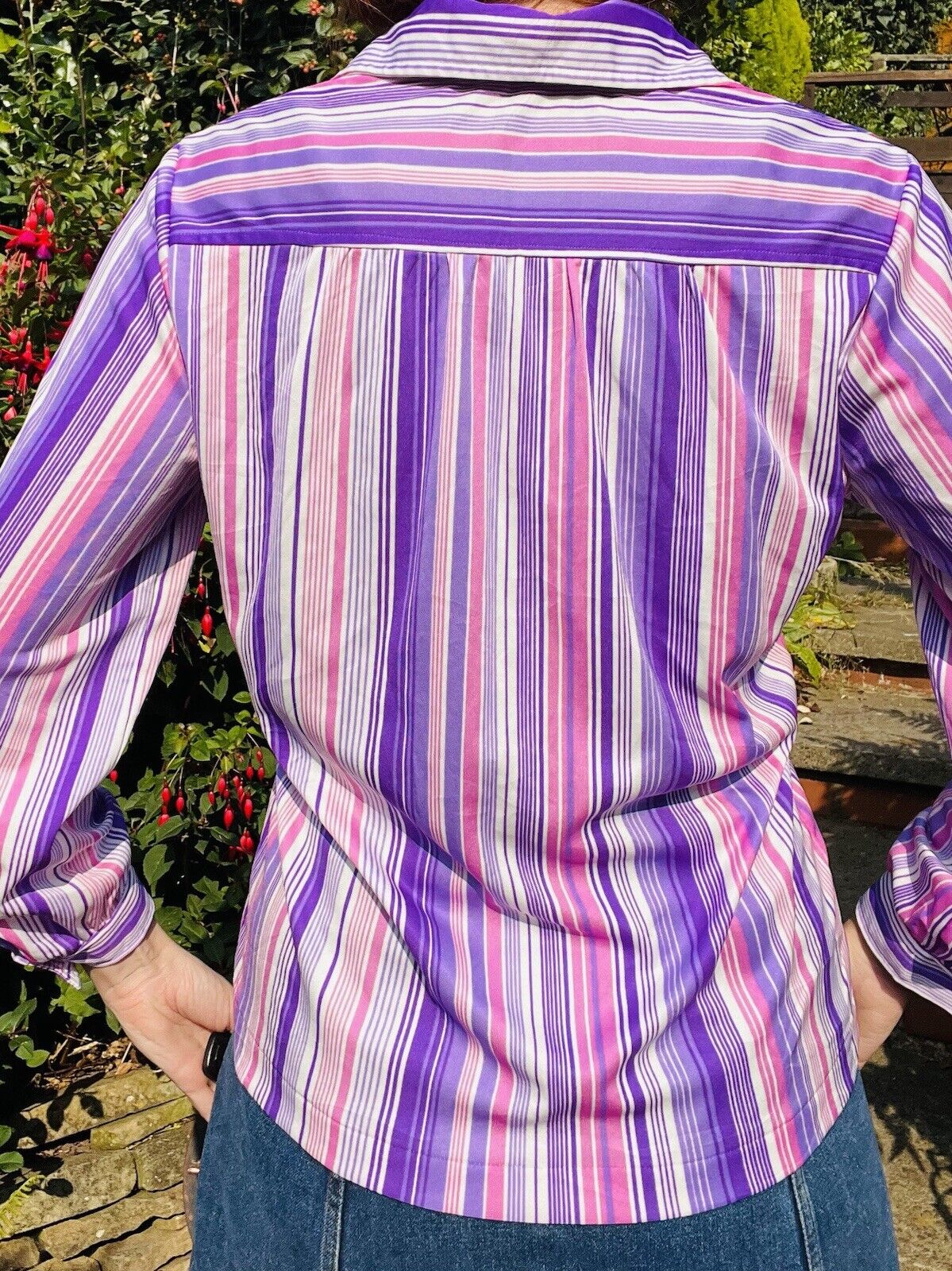 vintage bold striped shirt retro blouse 70s 80s Pink Purple Size 12-14