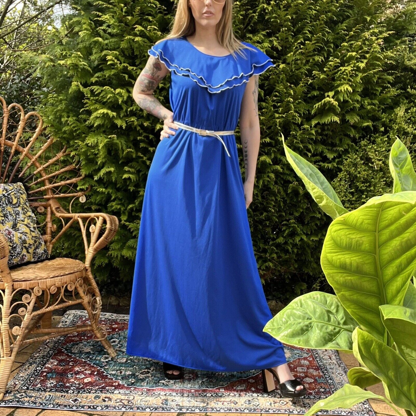 Vintage 70s prairie dress 1970s Long Summer Floaty Maxi Dress Size 12 Blue