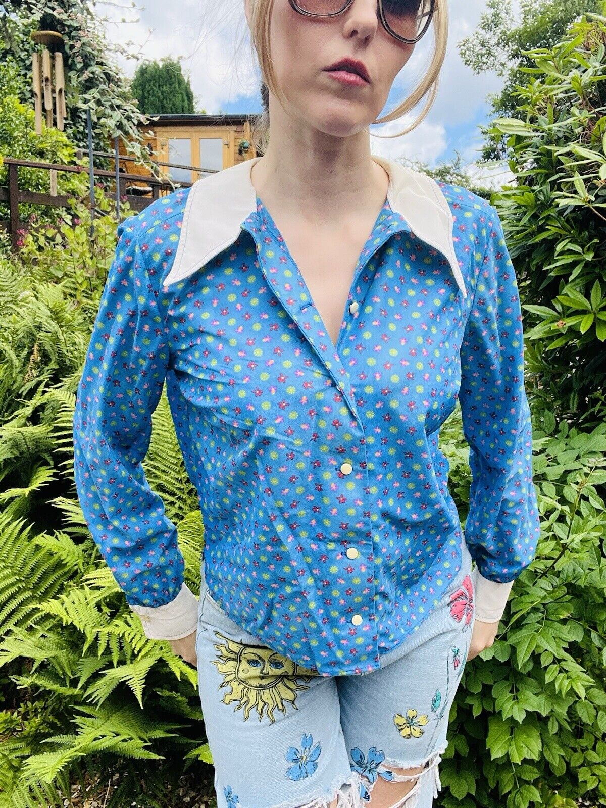 Vintage 60s Blouse With Dagger Collar By Dorothy Perkins With Blue Floral Print