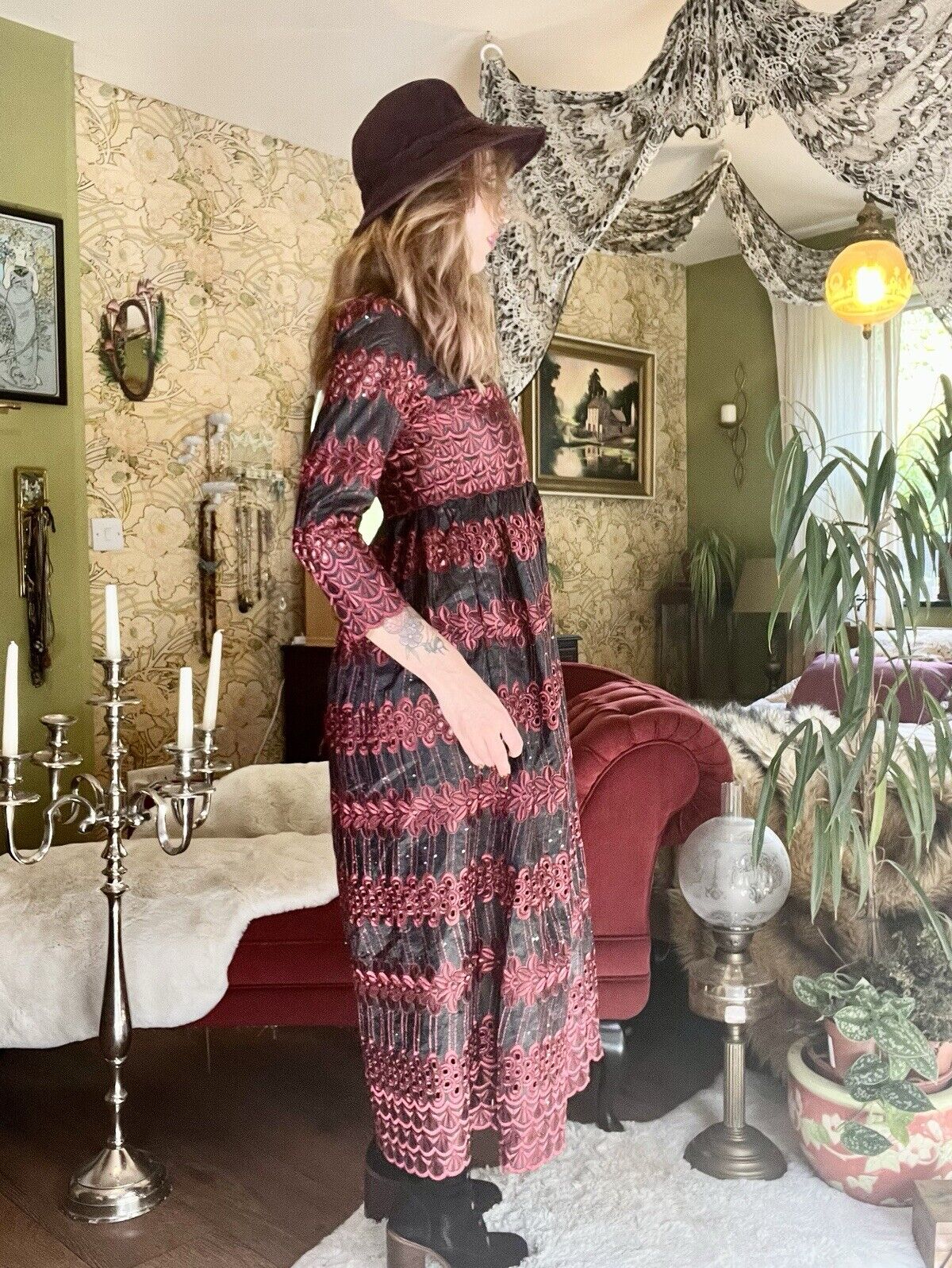 vintage midi dress red and black long sleeve embroidered dress size 8