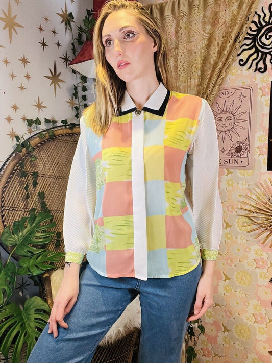 Vintage 80s Abstract Shirt With Double Collar And Bold Block Print Size 14