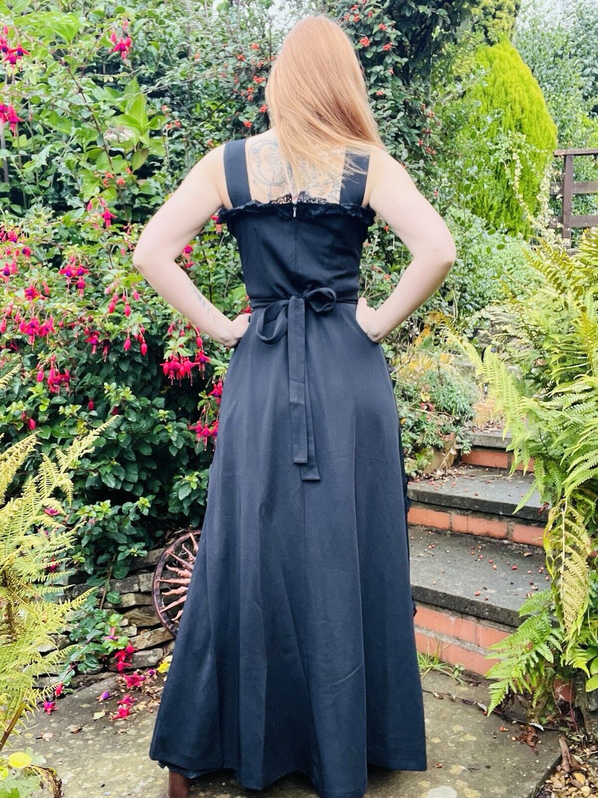 Vintage 90s Long Dress By Hohe Modelle With Lace Ruffle Detail Black Size 14