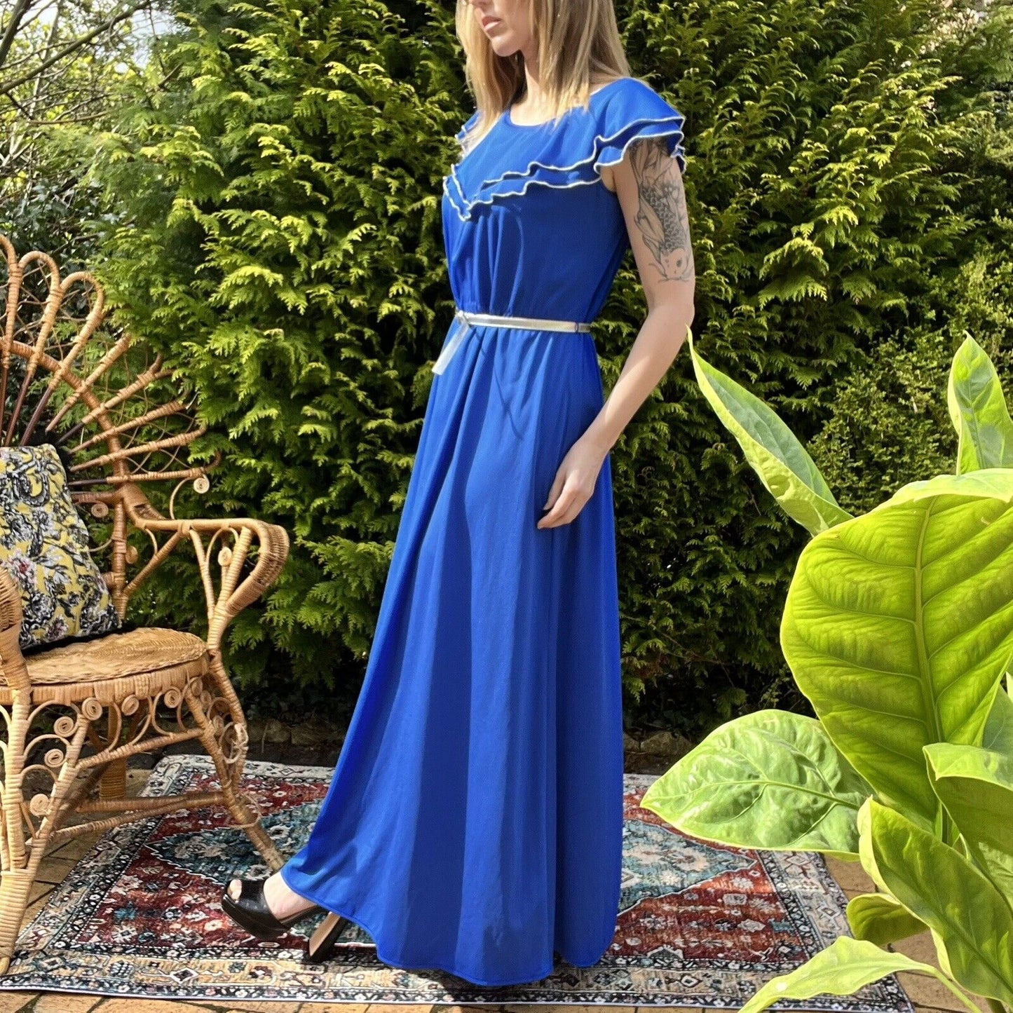 Vintage 70s prairie dress 1970s Long Summer Floaty Maxi Dress Size 12 Blue