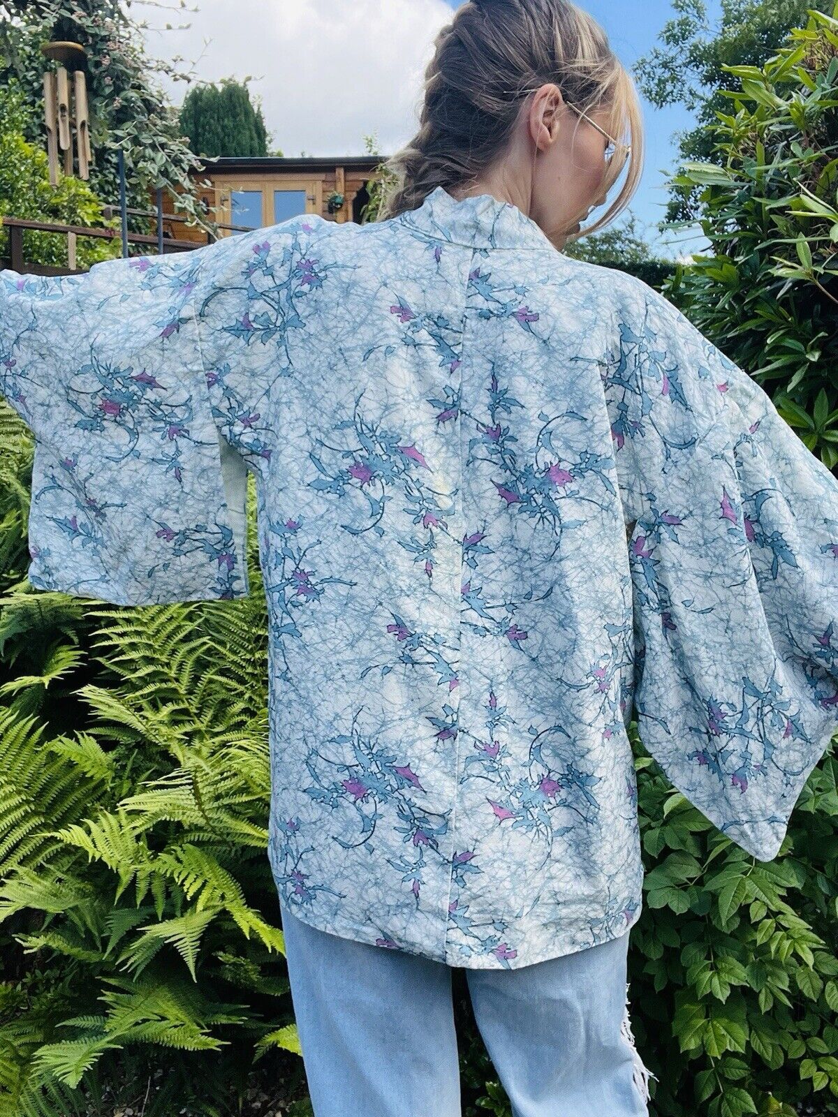 Vintage Hippie Boho Kimono Jacket With Blue Abstract Print Free Size