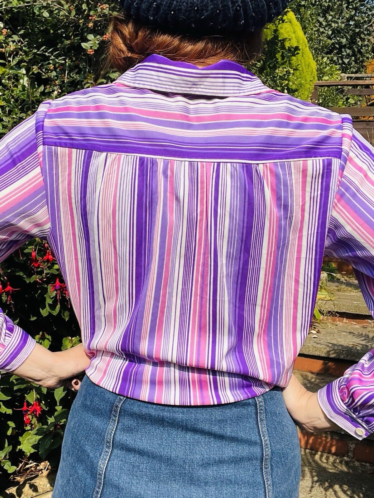 vintage bold striped shirt retro blouse 70s 80s Pink Purple Size 12-14