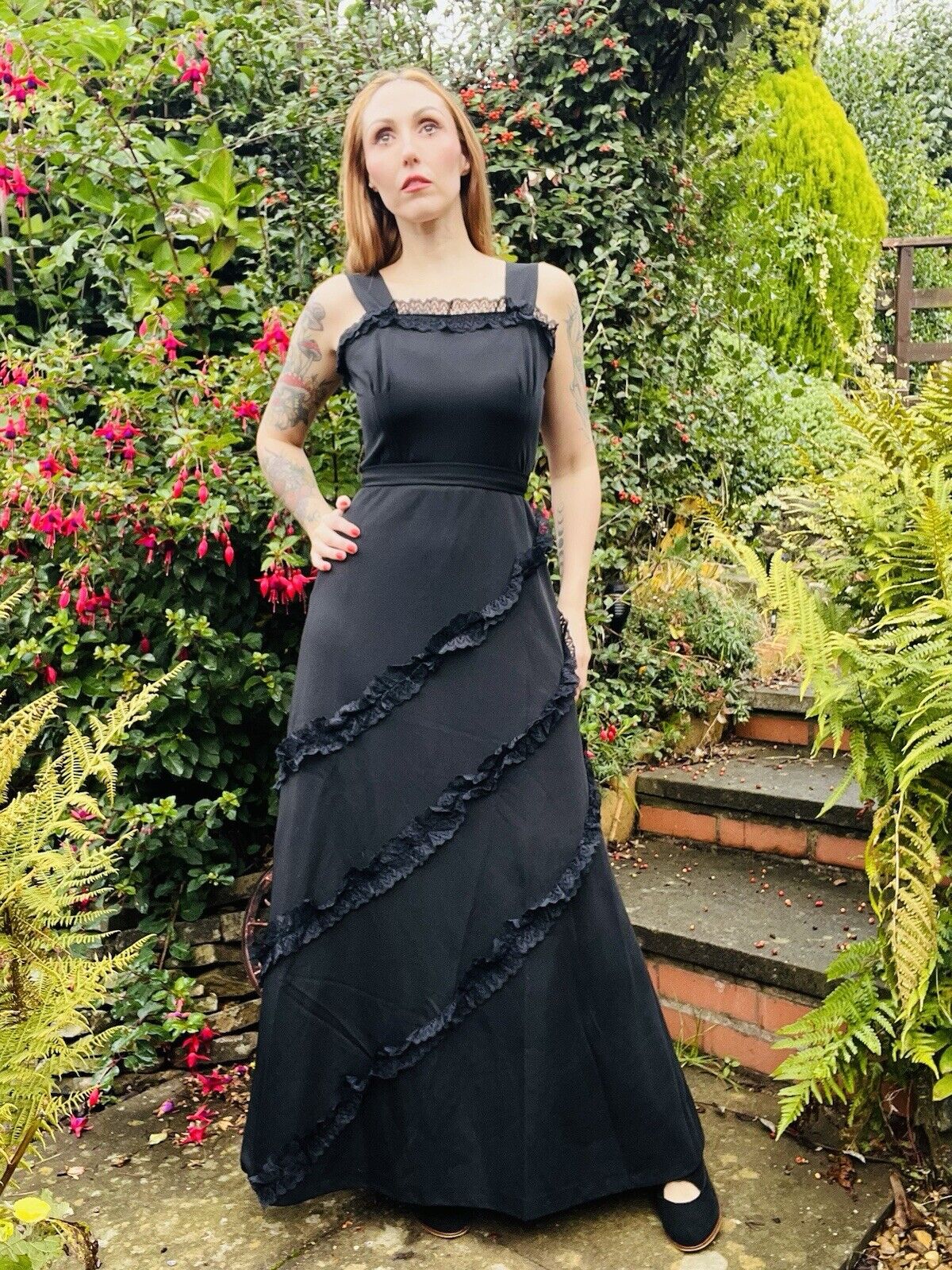 Vintage 90s Long Dress By Hohe Modelle With Lace Ruffle Detail Black Size 14