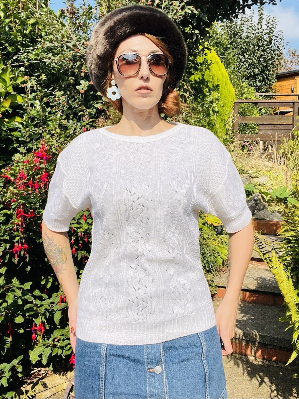 Vintage 80s Knitted Jumper By Canada Short Sleeve Lightweight Knit Sweater 12-14