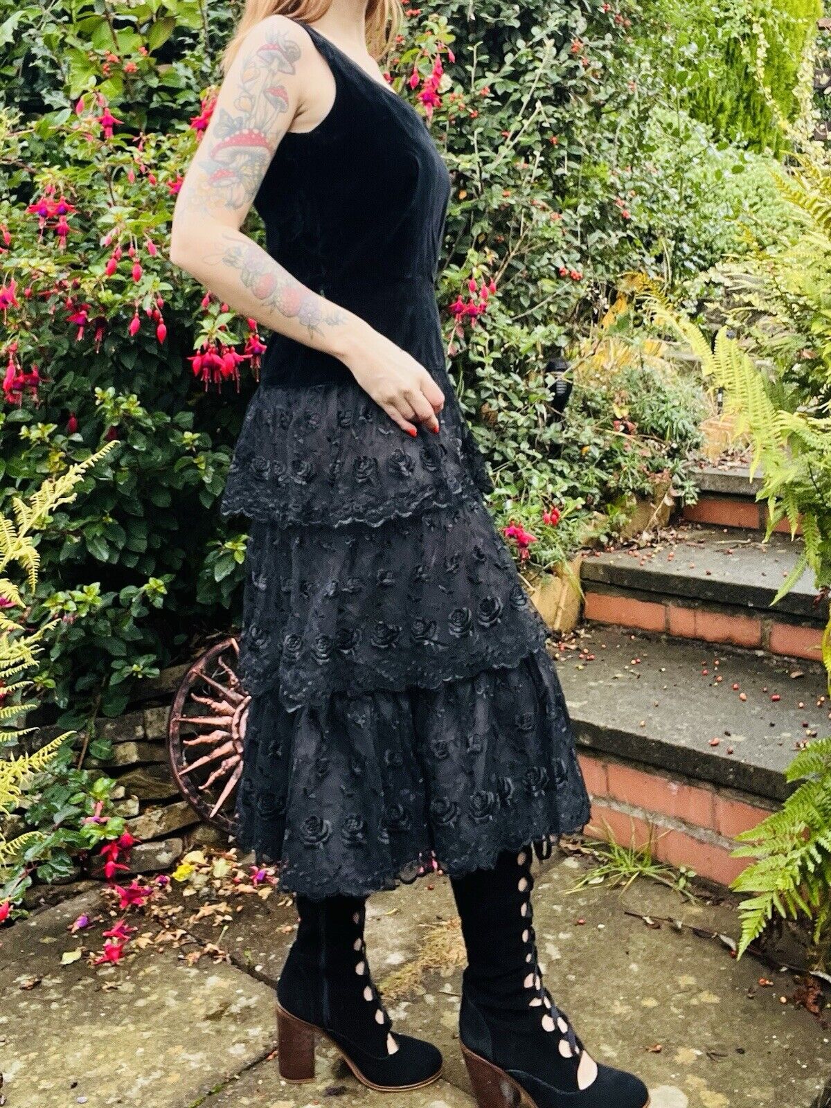 Vintage 90s Whimsigoth Dress By Fink Modell Velvet And Frilly Layered Lace 14